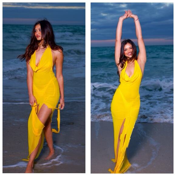 NWT Revolve Indah JLo's Evening Gown Small Limoncello Yellow Mesh Resort Wear - Picture 8 of 14